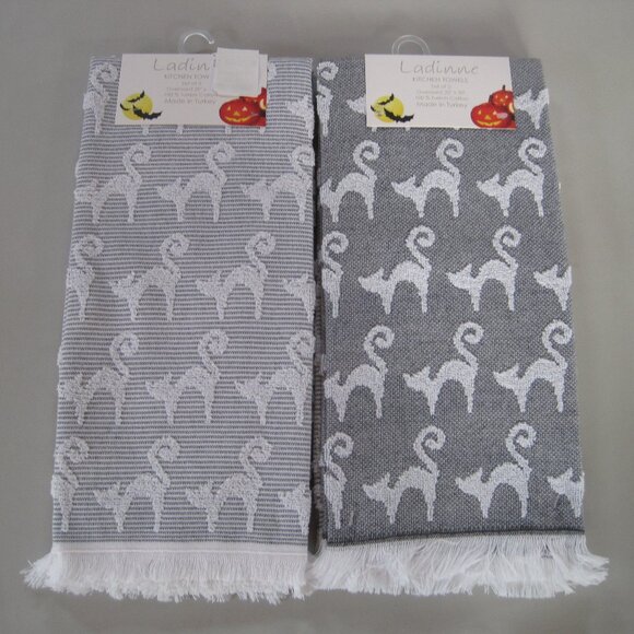 LADINNE SET OF 2 KITCHEN TOWELS HALLOWEEN MOTIF FRINGE 20 X 30 NIP - Picture 1 of 2